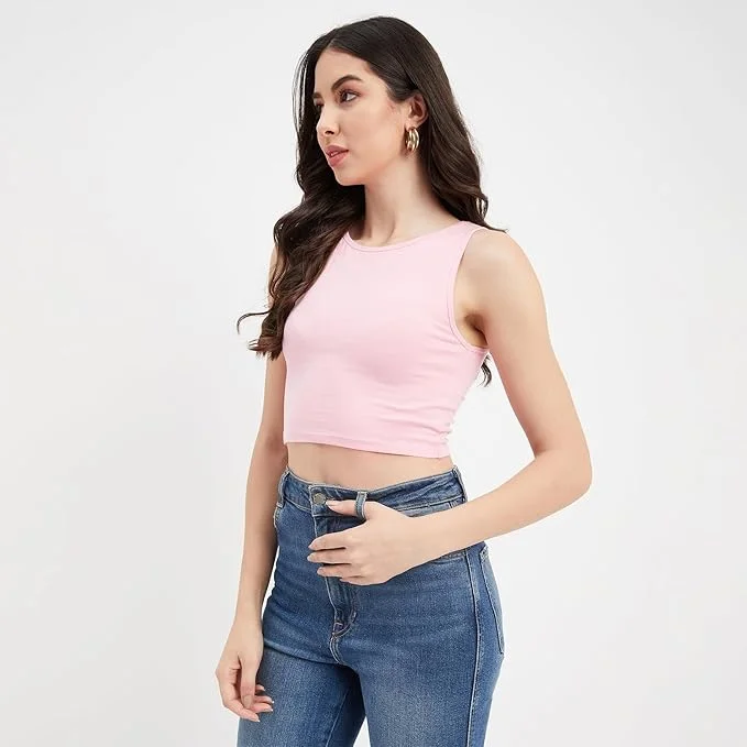 Women's Cotton Crop Tank Top | Sleeveless Slim Fit Ribbed Vest | Summer Casual Wear | pink image 1