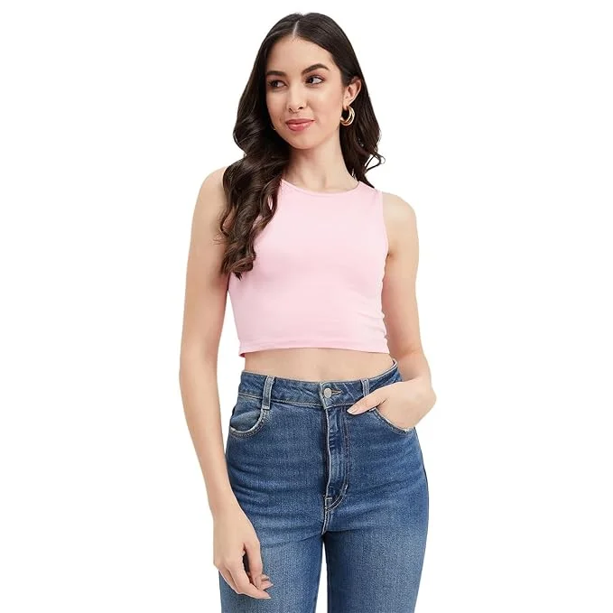 Women's Cotton Crop Tank Top | Sleeveless Slim Fit Ribbed Vest | Summer Casual Wear | pink image 2