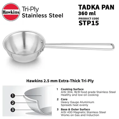 Hawkins Tadka Pan STP15 | 360ml Triply Stainless Steel | Induction Compatible | Silver | 12.64 cm | 5-Year Warranty  | Ideal for Indian Cooking thumbnail 1