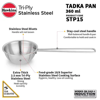 Hawkins Tadka Pan STP15 | 360ml Triply Stainless Steel | Induction Compatible | Silver | 12.64 cm | 5-Year Warranty  | Ideal for Indian Cooking thumbnail 2