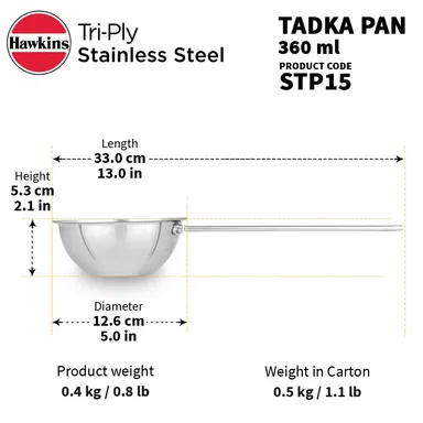 Hawkins Tadka Pan STP15 | 360ml Triply Stainless Steel | Induction Compatible | Silver | 12.64 cm | 5-Year Warranty  | Ideal for Indian Cooking thumbnail 3