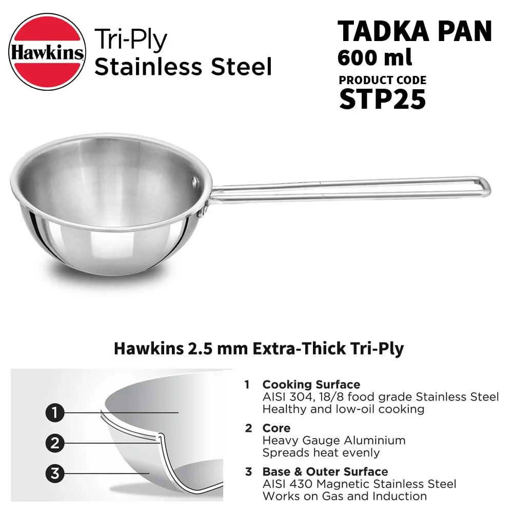 Hawkins Triply Tadka Pan | Stainless Steel Spice Pan |600ml Cooking Capacity | Induction Base |Dishwasher Safe | Small Pan for Tadka| Silver Finish image 2