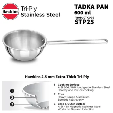 Hawkins Triply Tadka Pan | Stainless Steel Spice Pan |600ml Cooking Capacity | Induction Base |Dishwasher Safe | Small Pan for Tadka| Silver Finish thumbnail 1