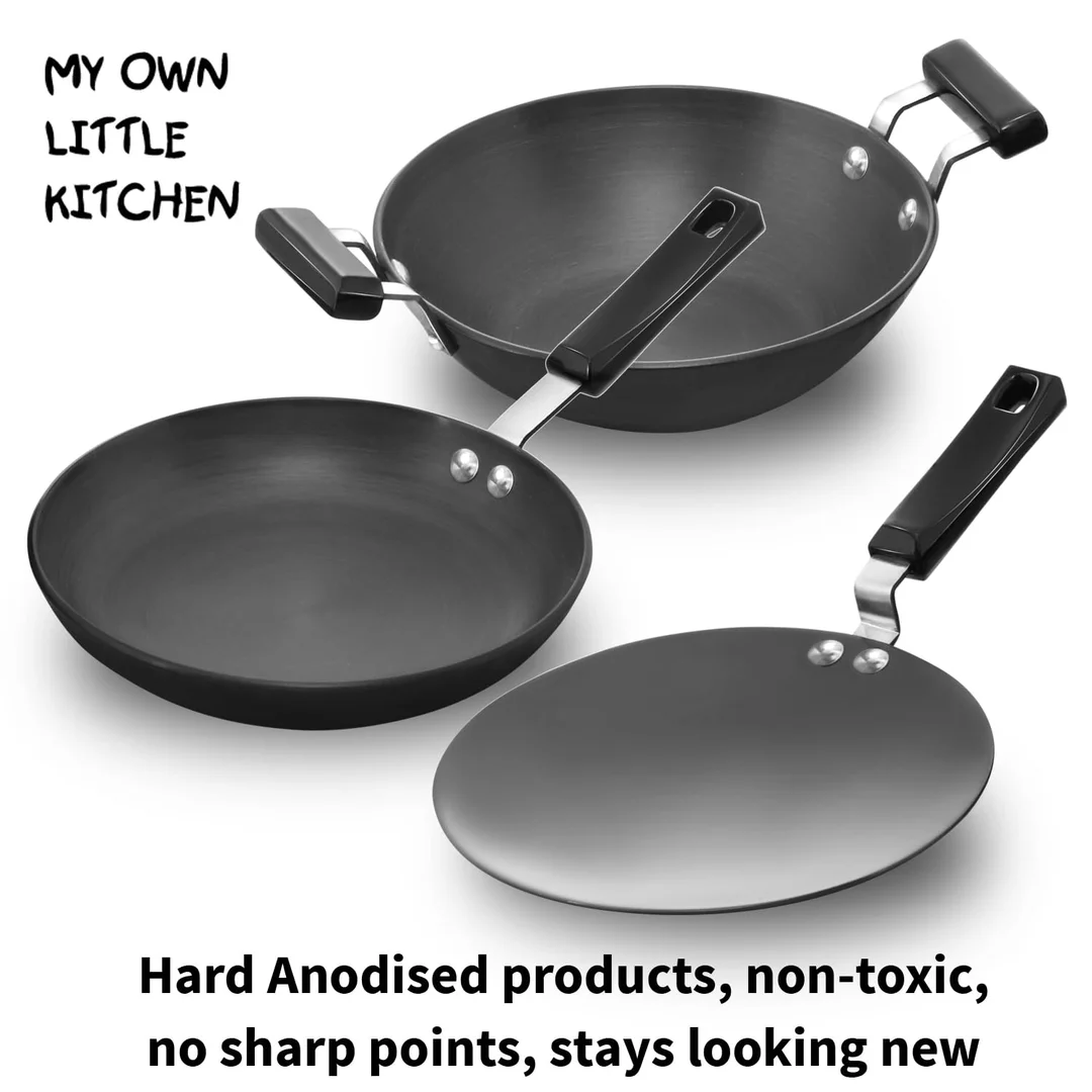 Hawkins Futura Toy Kitchen Set 3 Pieces Cookware for Kids India | Toy Frying Pan, Deep-Fry Pan, Tava | Black CWMIN image 5