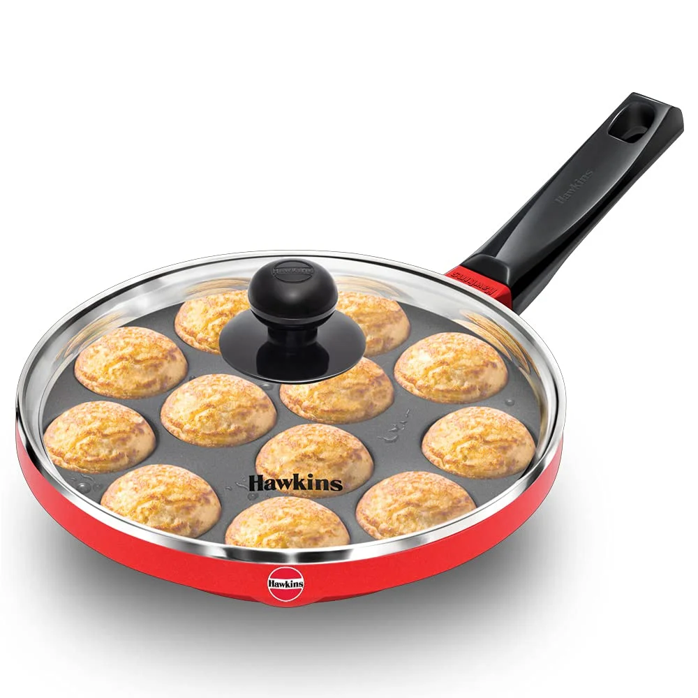 Hawkins Appe Pan| Nonstick 12 Cups with Glass Lid | Cast Aluminium| 20cm Red Black for Appams| Pancakes| Gas Stove image 1