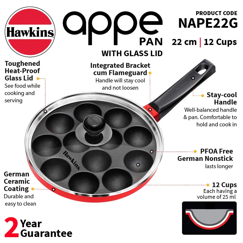 Hawkins Appe Pan| Nonstick 12 Cups with Glass Lid | Cast Aluminium| 20cm Red Black for Appams| Pancakes| Gas Stove image 2