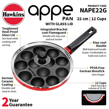 Hawkins Appe Pan| Nonstick 12 Cups with Glass Lid | Cast Aluminium| 20cm Red Black for Appams| Pancakes| Gas Stove thumbnail 1