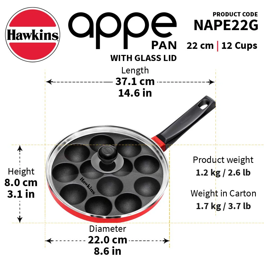 Hawkins Appe Pan| Nonstick 12 Cups with Glass Lid | Cast Aluminium| 20cm Red Black for Appams| Pancakes| Gas Stove image 3