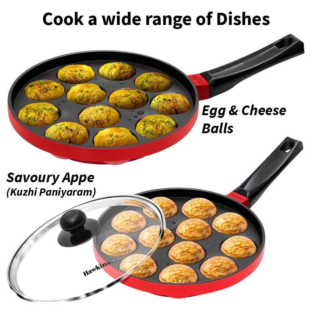 Hawkins Appe Pan| Nonstick 12 Cups with Glass Lid | Cast Aluminium| 20cm Red Black for Appams| Pancakes| Gas Stove image 4