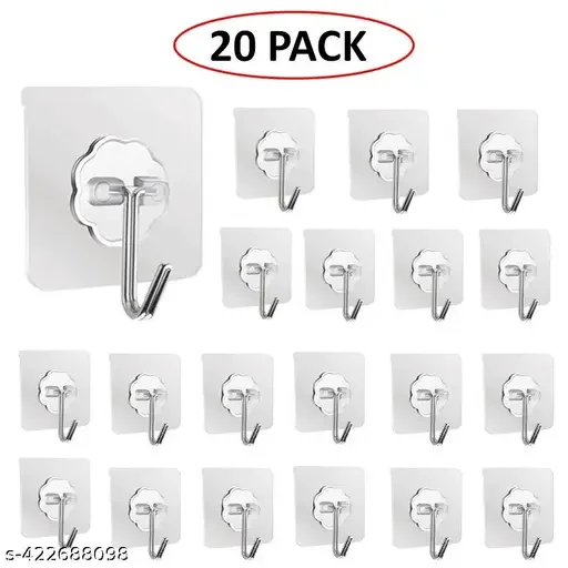Adhesive Wall Hooks for Hanging |15 Pack Strong Self Stick Hangers | Transparent Stainless Steel Heavy Duty No Drill Hooks for Kitchen Bathroom image 1