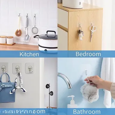 Adhesive Wall Hooks for Hanging |15 Pack Strong Self Stick Hangers | Transparent Stainless Steel  Heavy Duty No Drill Hooks for Kitchen Bathroom thumbnail 2