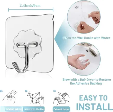Adhesive Wall Hooks for Hanging |15 Pack Strong Self Stick Hangers | Transparent Stainless Steel  Heavy Duty No Drill Hooks for Kitchen Bathroom thumbnail 3