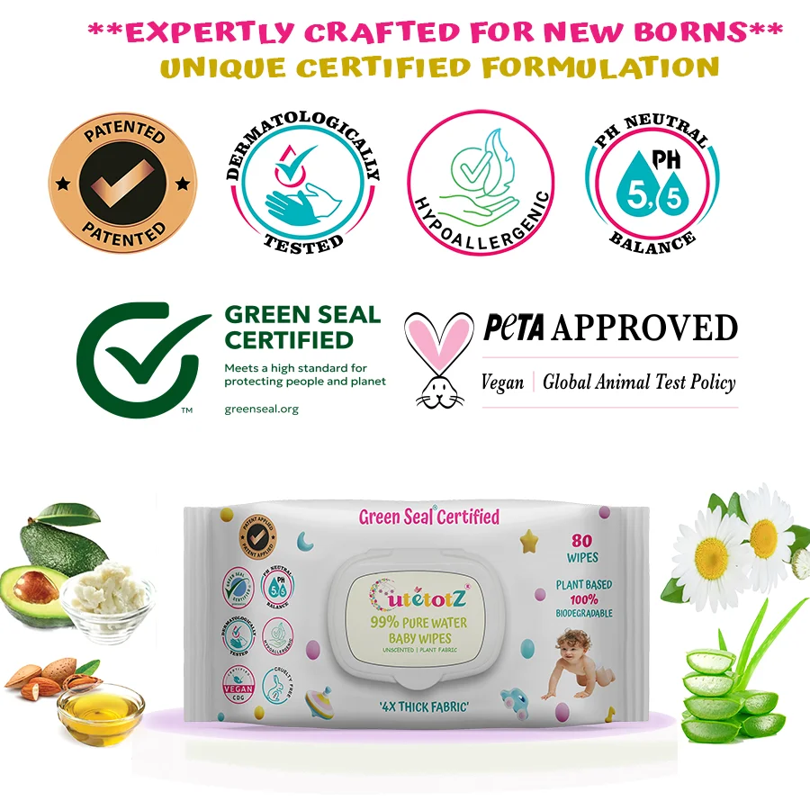 Cutetotz Baby Wet Wipes | 100% Biodegradable | Plant-Based | Fragrance Free | Green Seal Certified | Sensitive Skin Safe | 80 Count Packganic Baby Wet Wipes image 2