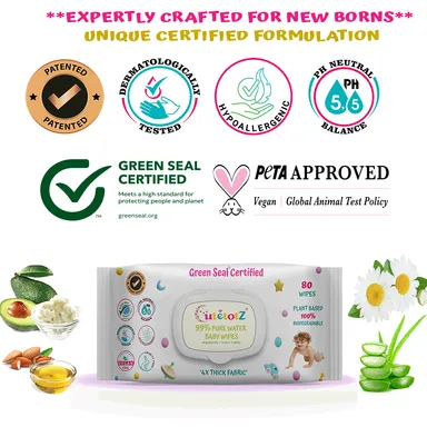 Cutetotz Baby Wet Wipes | 100% Biodegradable | Plant-Based | Fragrance Free | Green Seal Certified | Sensitive Skin Safe | 80 Count Packganic Baby Wet Wipes thumbnail 1