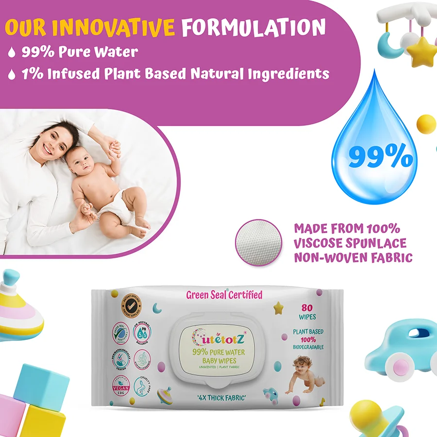Cutetotz Baby Wet Wipes | 100% Biodegradable | Plant-Based | Fragrance Free | Green Seal Certified | Sensitive Skin Safe | 80 Count Packganic Baby Wet Wipes image 3