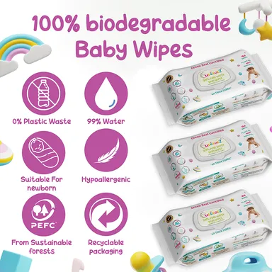 Cutetotz Baby Wet Wipes | 100% Biodegradable | Plant-Based | Fragrance Free | Green Seal Certified | Sensitive Skin Safe | 80 Count Packganic Baby Wet Wipes thumbnail 3