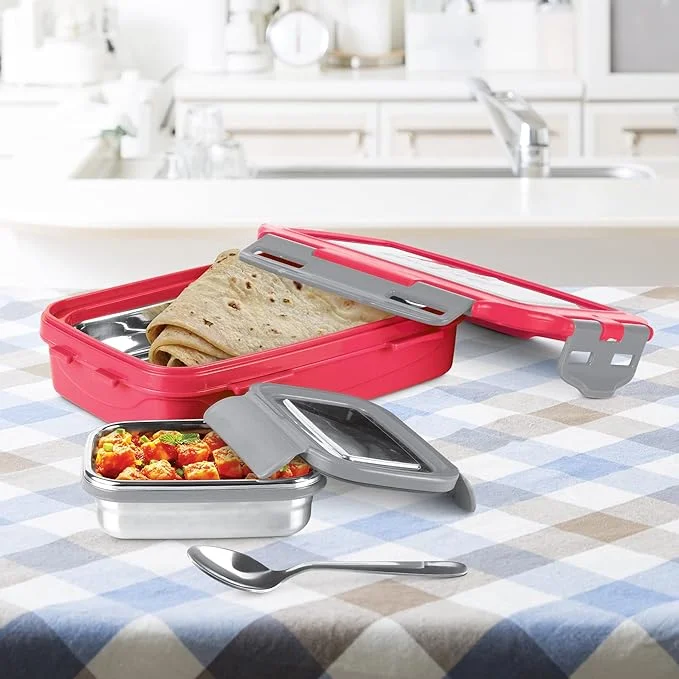 Milton Steely Super Deluxe Big Kids Lunch Box with Stainless Steel Insulated Containers 500 ml & 175 ml, Airtight Leakproof Clip Lock, Dark Blue image 6