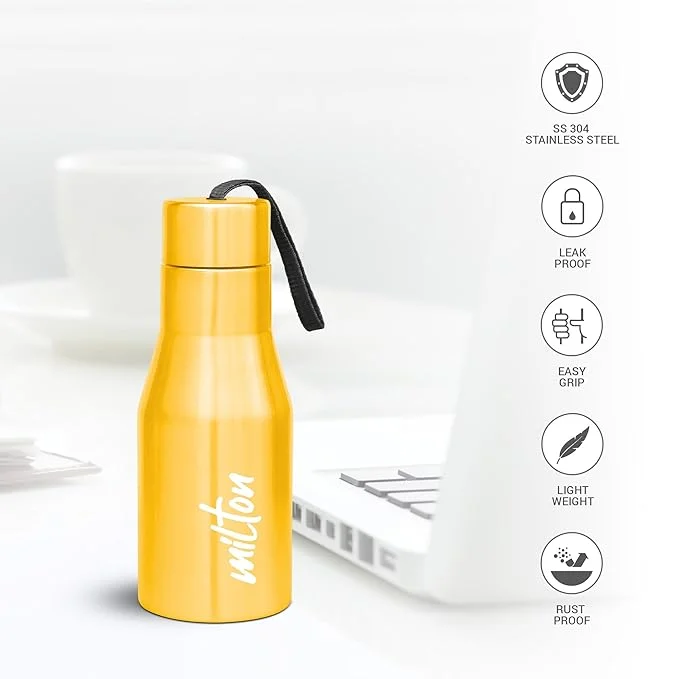 MILTON | Stainless Steel Water Bottle 475 ml | Leakproof Rustproof | ISI Certified | Yellow | Gym School Office image 2