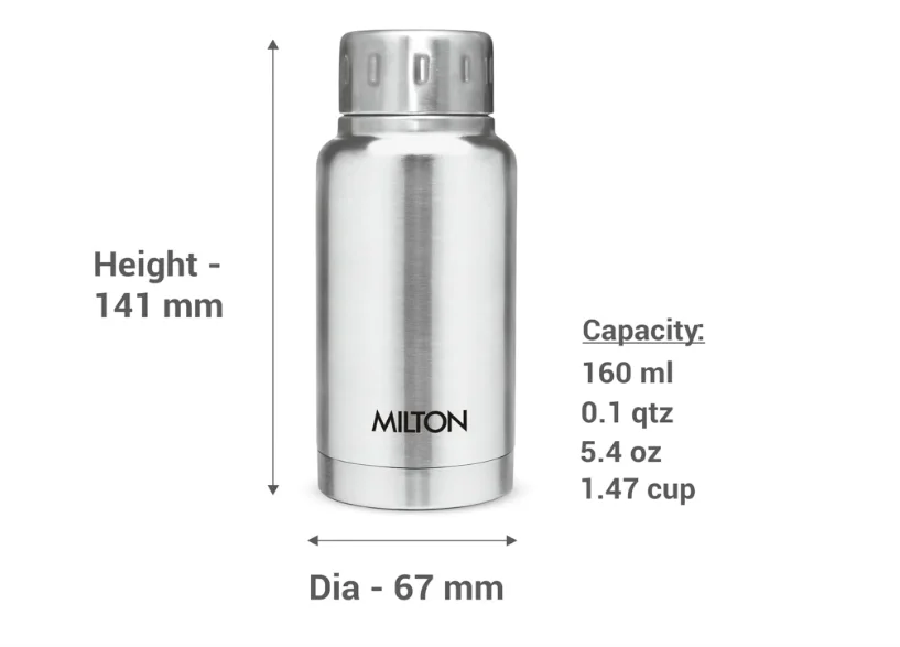 Milton Thermosteel Elfin Vacuum Insulated Water Bottle 160 ml | Leakproof ISI Certified Silver Bottle for Office | Gym | Travel image 2