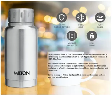 Milton Thermosteel Elfin Vacuum Insulated Water Bottle 160 ml | Leakproof ISI Certified Silver Bottle for Office | Gym | Travel thumbnail 3