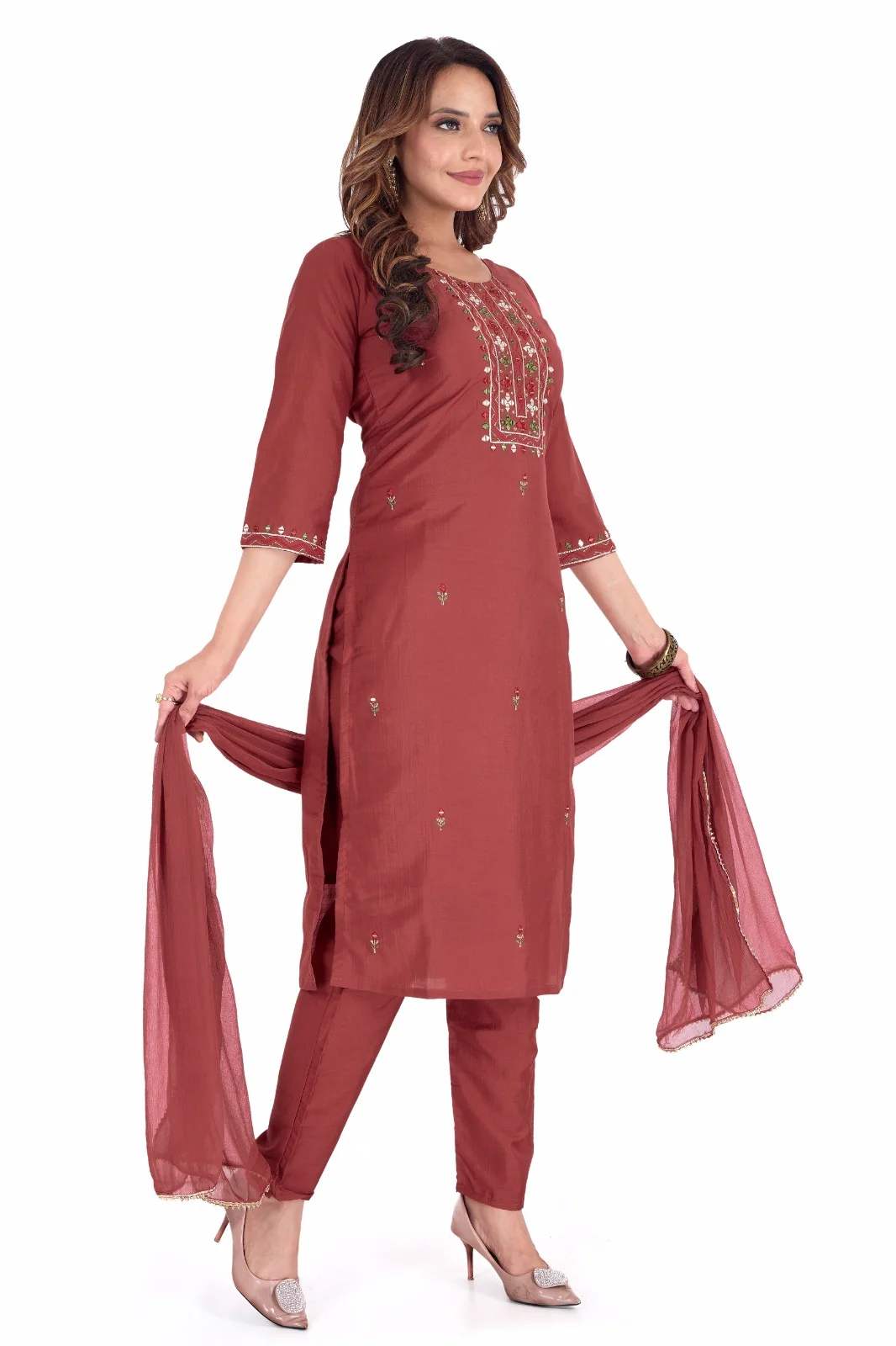 Maroon Cotton Kurta Pant with Dupatta for Women | Embroidered Ethnic Set | Stitched XL XXL Sizes | Stylish Daily Wear image 2