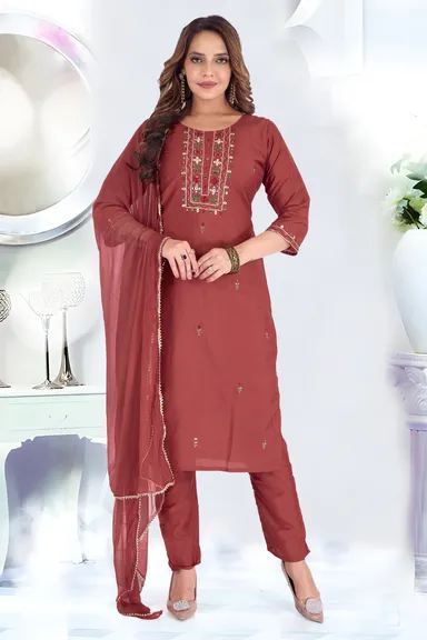 Maroon Cotton Kurta Pant with Dupatta for Women | Embroidered Ethnic Set | Stitched XL XXL Sizes | Stylish Daily Wear thumbnail 2