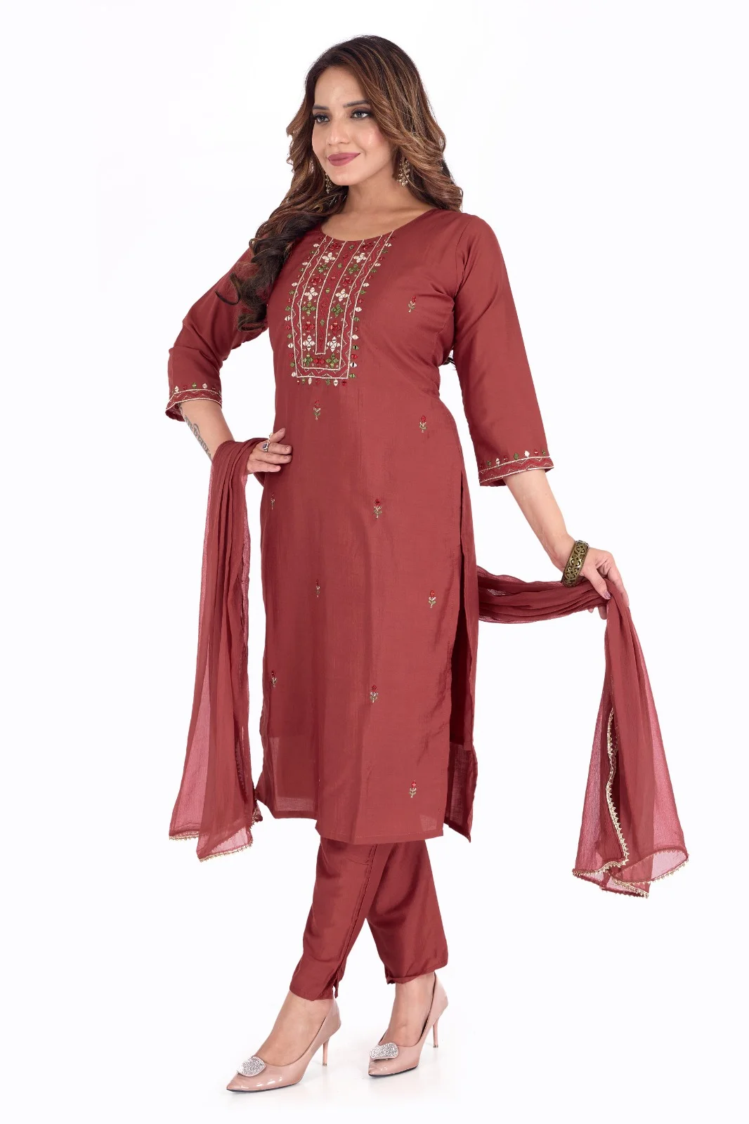 Maroon Cotton Kurta Pant with Dupatta for Women | Embroidered Ethnic Set | Stitched XL XXL Sizes | Stylish Daily Wear image 4