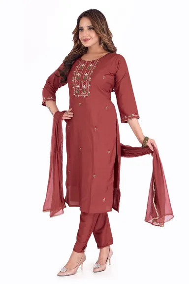Maroon Cotton Kurta Pant with Dupatta for Women | Embroidered Ethnic Set | Stitched XL XXL Sizes | Stylish Daily Wear thumbnail 3