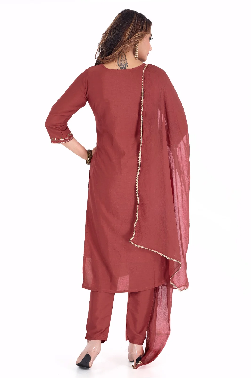 Maroon Cotton Kurta Pant with Dupatta for Women | Embroidered Ethnic Set | Stitched XL XXL Sizes | Stylish Daily Wear image 5