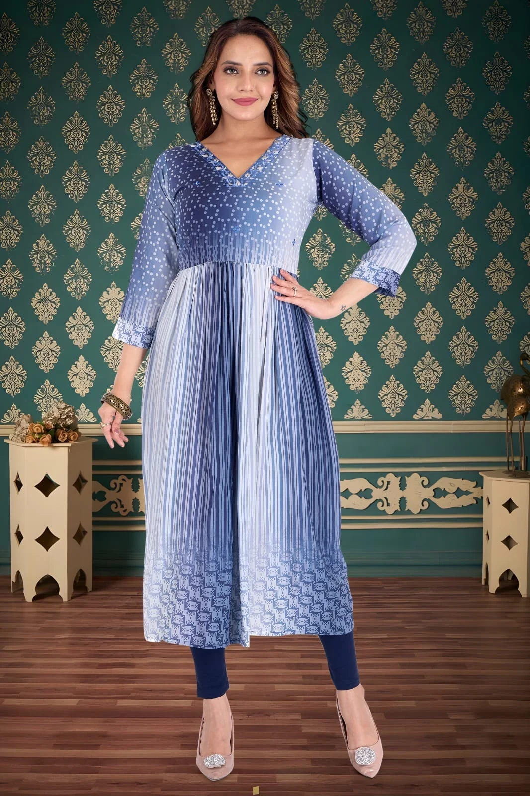 Women’s Blue Tie Dye Flared Kurta Set in Cotton Blend for Festive Wear Casual Ethnic Daily Use Office Party Traditional Outfit India image 1