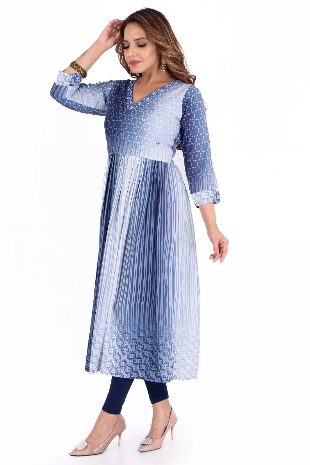 Women’s Blue Tie Dye Flared Kurta Set in Cotton Blend for Festive Wear Casual Ethnic Daily Use Office Party Traditional Outfit India image 2