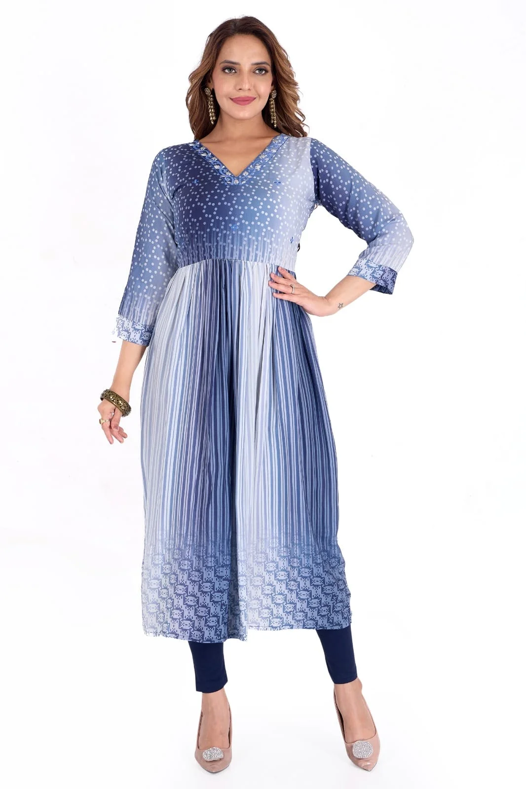 Women’s Blue Tie Dye Flared Kurta Set in Cotton Blend for Festive Wear Casual Ethnic Daily Use Office Party Traditional Outfit India image 3