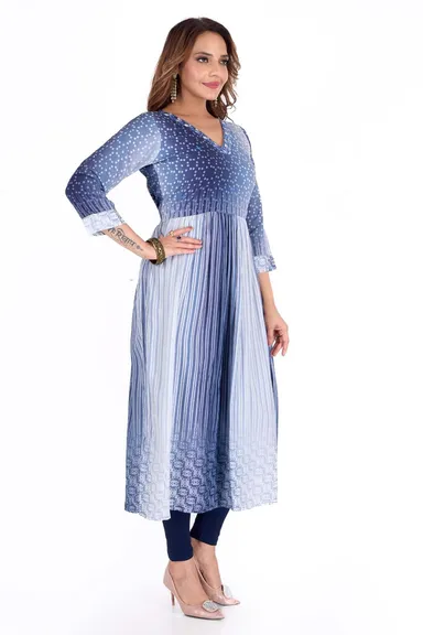 Women’s Blue Tie Dye Flared Kurta Set in Cotton Blend for Festive Wear Casual Ethnic Daily Use Office Party Traditional Outfit India thumbnail 3