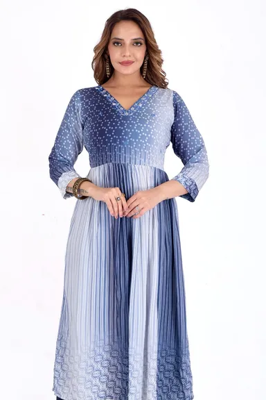 Women’s Blue Tie Dye Flared Kurta Set in Cotton Blend for Festive Wear Casual Ethnic Daily Use Office Party Traditional Outfit India thumbnail 5