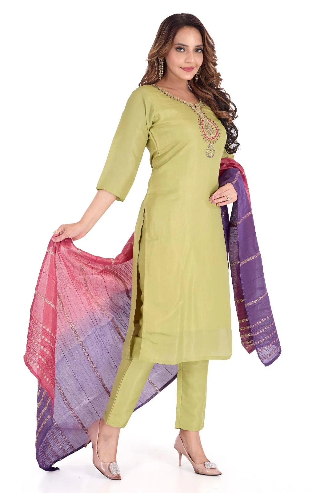 DESIGNER | Women’s Rayon Kurta Pant Dupatta Set | Printed Straight Cut | Lightweight Festive Wear | Green, Small image 3