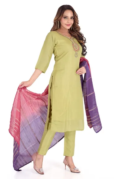 DESIGNER | Women’s Rayon Kurta Pant Dupatta Set | Printed Straight Cut | Lightweight Festive Wear | Green, Small thumbnail 2