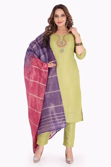 DESIGNER | Women’s Rayon Kurta Pant Dupatta Set | Printed Straight Cut | Lightweight Festive Wear | Green, Small thumbnail 1