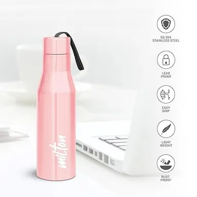 Milton Stainless Steel Water Bottle 1 Litre| Leak Proof| ISI Certified| Rust Proof | For School| Office| Gym | Light Pink| Eco-Friendly| Travel Use thumbnail 1
