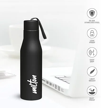 Milton Stainless Steel Water Bottle 1000 ml | Black | Single-Walled Leak Proof BPA-Free | Gym Travel School | Kids & Men | Durable & Portable image 2