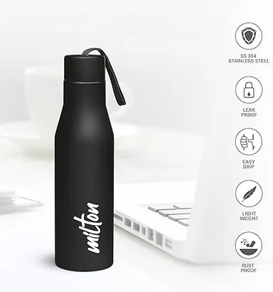 Milton Stainless Steel Water Bottle 1000 ml | Black | Single-Walled Leak Proof BPA-Free | Gym Travel School | Kids & Men | Durable & Portable thumbnail 1