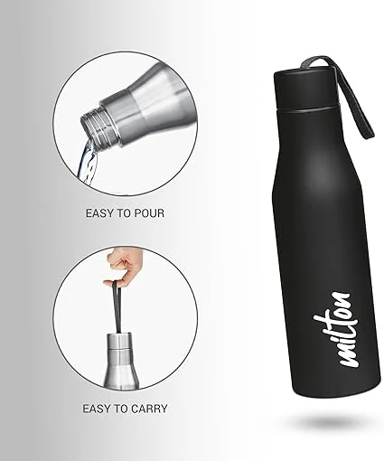 Milton Stainless Steel Water Bottle 1000 ml | Black | Single-Walled Leak Proof BPA-Free | Gym Travel School | Kids & Men | Durable & Portable image 3