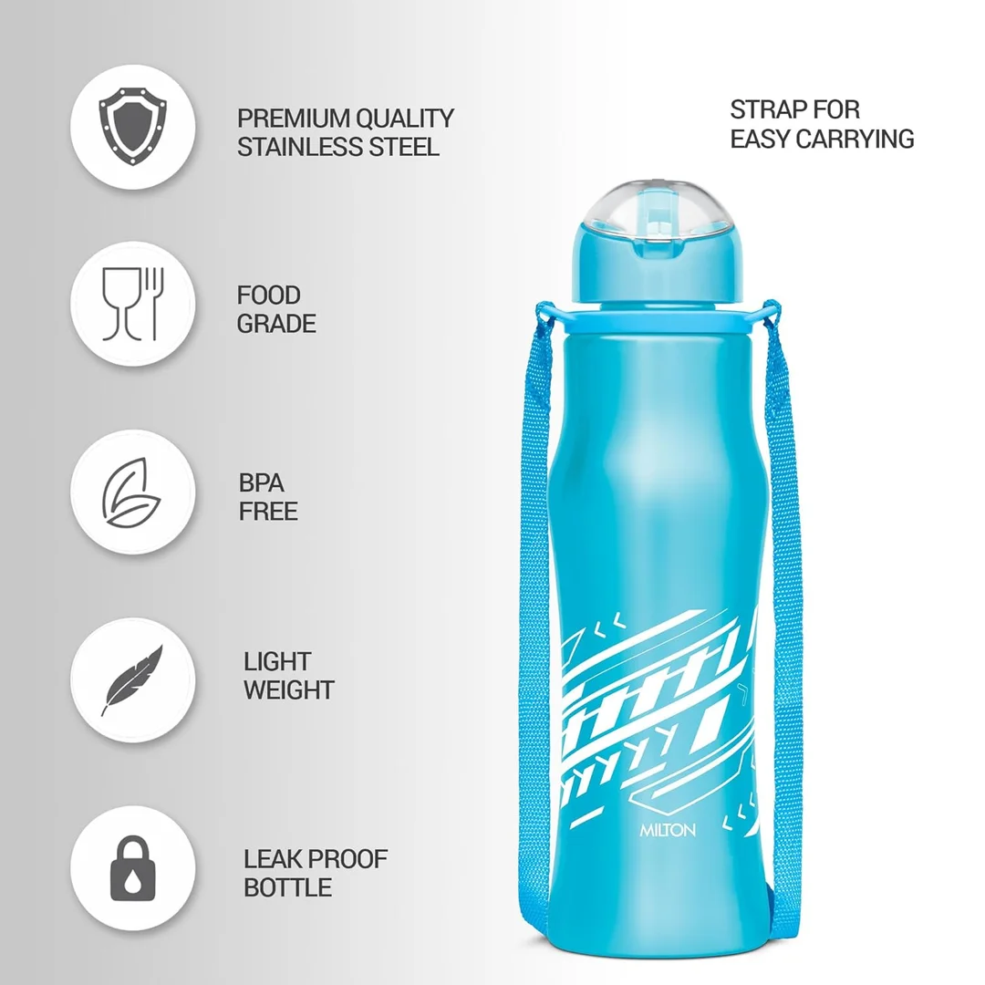 Milton Gaiety Stainless Steel Water Bottle | Leak-Proof Sipper| 450 ml| BPA-Free| School & Gym Use| Blue image 2