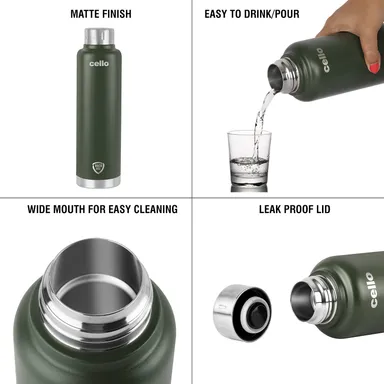 Cello Duro Top insulated water bottle 500 ml green | double wall vacuum flask | leak proof travel bottle | ideal for office gym thumbnail 2