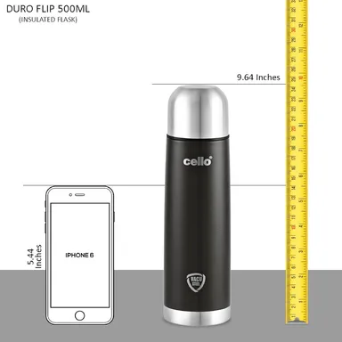 Cello Duro Flip Thermosteel Flask with Jacket 500ml Black 24-Hour Hot & Cold Rustproof Leakproof Stainless Steel Bottle for Office Gym Travel thumbnail 2