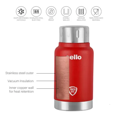Cello Duro Top | Double Wall Stainless Steel Water Bottle 350ml | Hot and Cold Vacuum Insulated Flask for Travel, Office, School | Scratch Resistant Red thumbnail 2