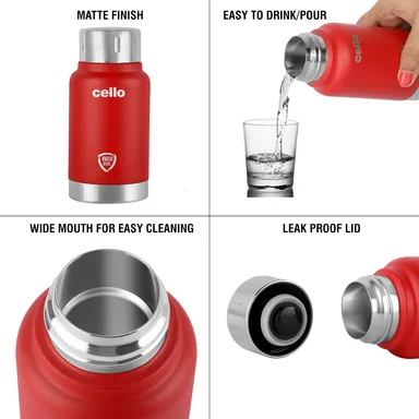 Cello Duro Top | Double Wall Stainless Steel Water Bottle 350ml | Hot and Cold Vacuum Insulated Flask for Travel, Office, School | Scratch Resistant Red thumbnail 4