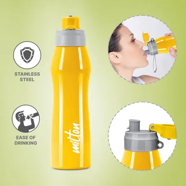 Milton Stainless Steel Water Bottle 1000 ml | Leak Proof Spout | School Gym Office | ISI Certified | Yellow | Durable & Portable thumbnail 1