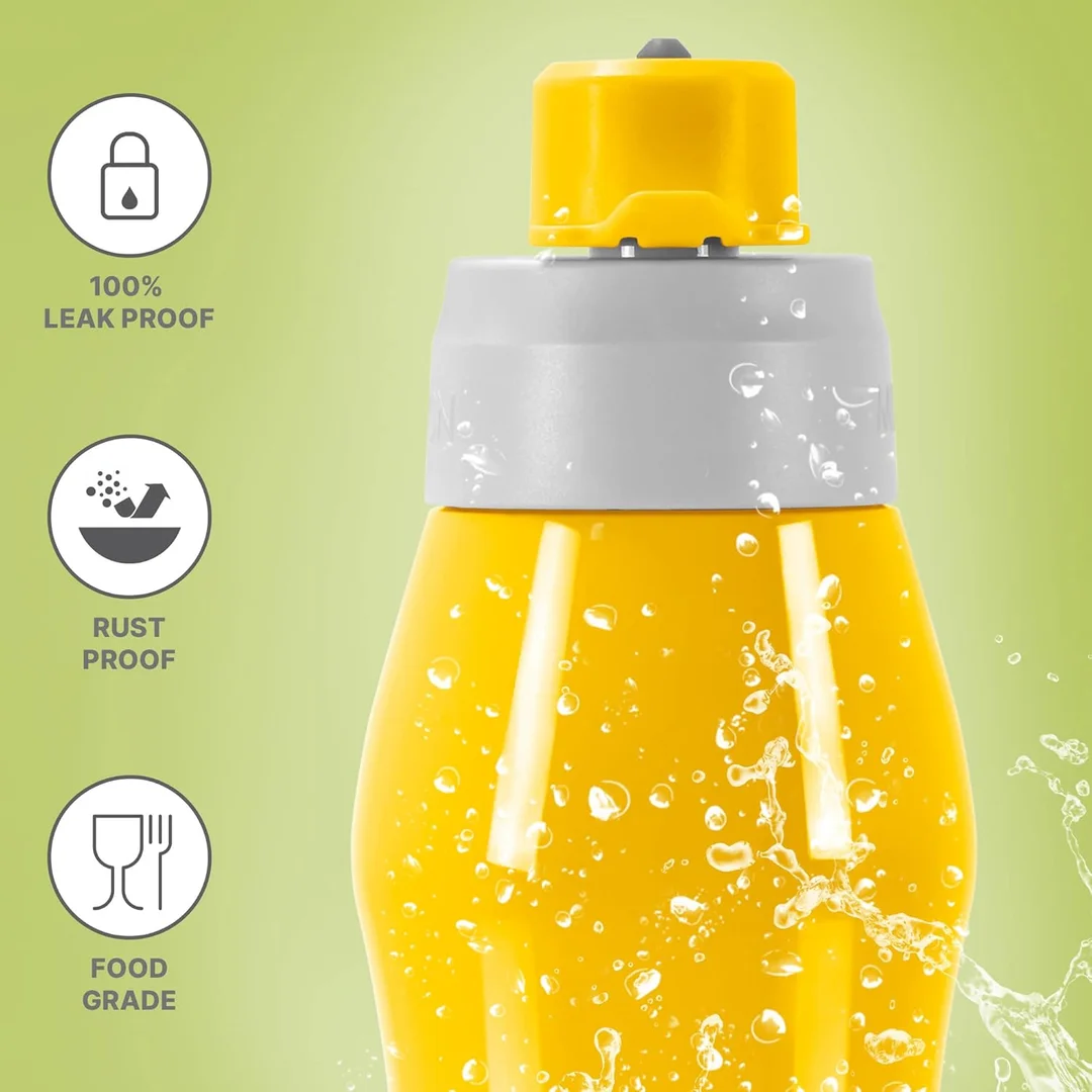Milton Stainless Steel Water Bottle 1000 ml | Leak Proof Spout | School Gym Office | ISI Certified | Yellow | Durable & Portable image 3