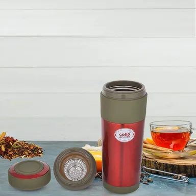 cello detachable infuser flask 360 ml | vacuum insulated stainless steel tea bottle Red thumbnail 1