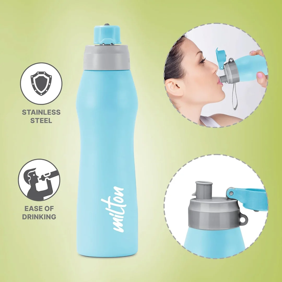 Milton Stainless Steel Water Bottle 1000 ml | Leak Proof Rust Proof ISI Certified | Single Wall Spout Mouth | Gym Office School | Sky Blue | Durable & Portable image 2